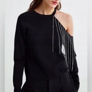 Zara Off The Shoulder Black Sweater with Rhinestone Detail Small